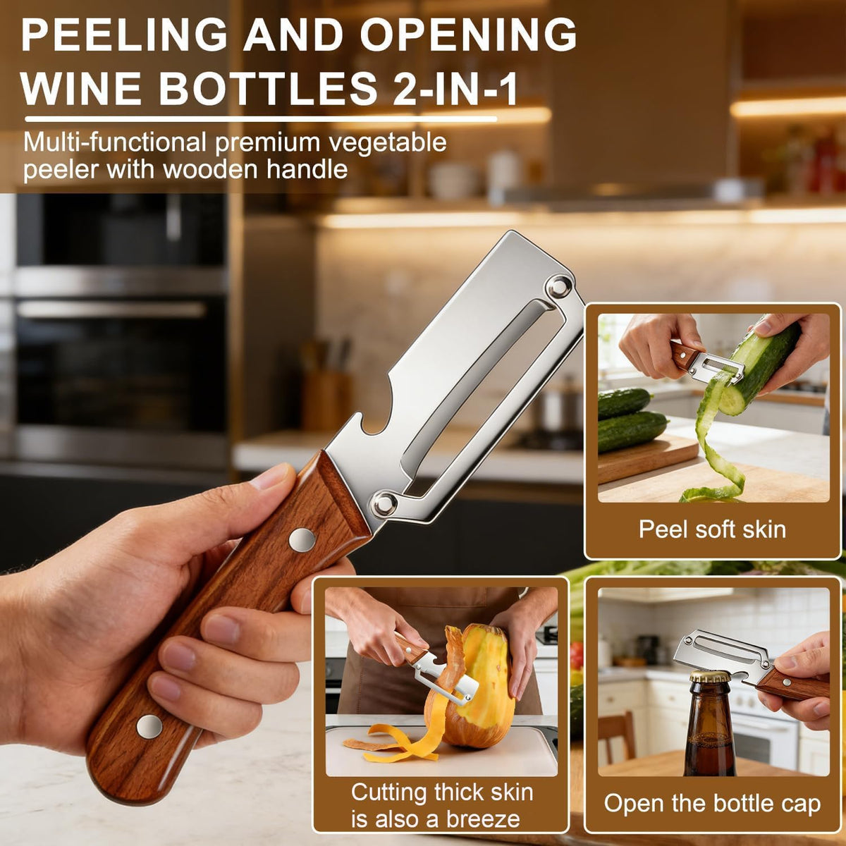 Multi-Functional Knife Peelers For Kitchen, Multi Functional Vegetable Peeler, 3 In 1 Multi Functional Wooden Handle Peeler And Bottle Opener