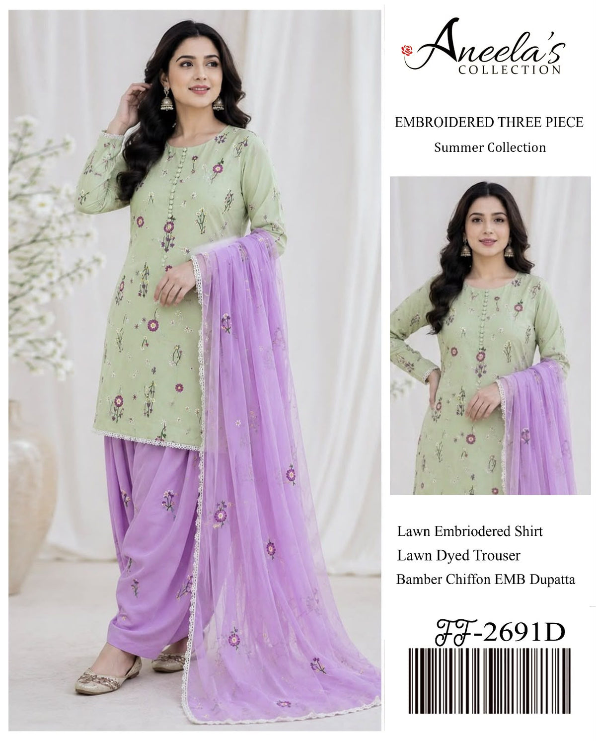 Embroided 3piece suit Lawn Embroided shirt Lawn Dyed Trouser  Bamber Chiffon Embroided dupatta